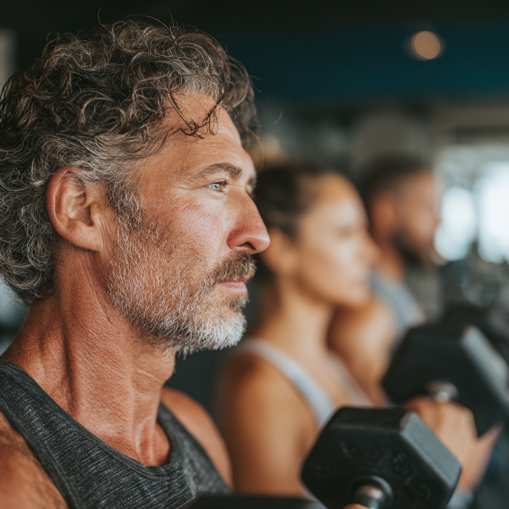 mature adults engaged in strength training at modern fitness facility