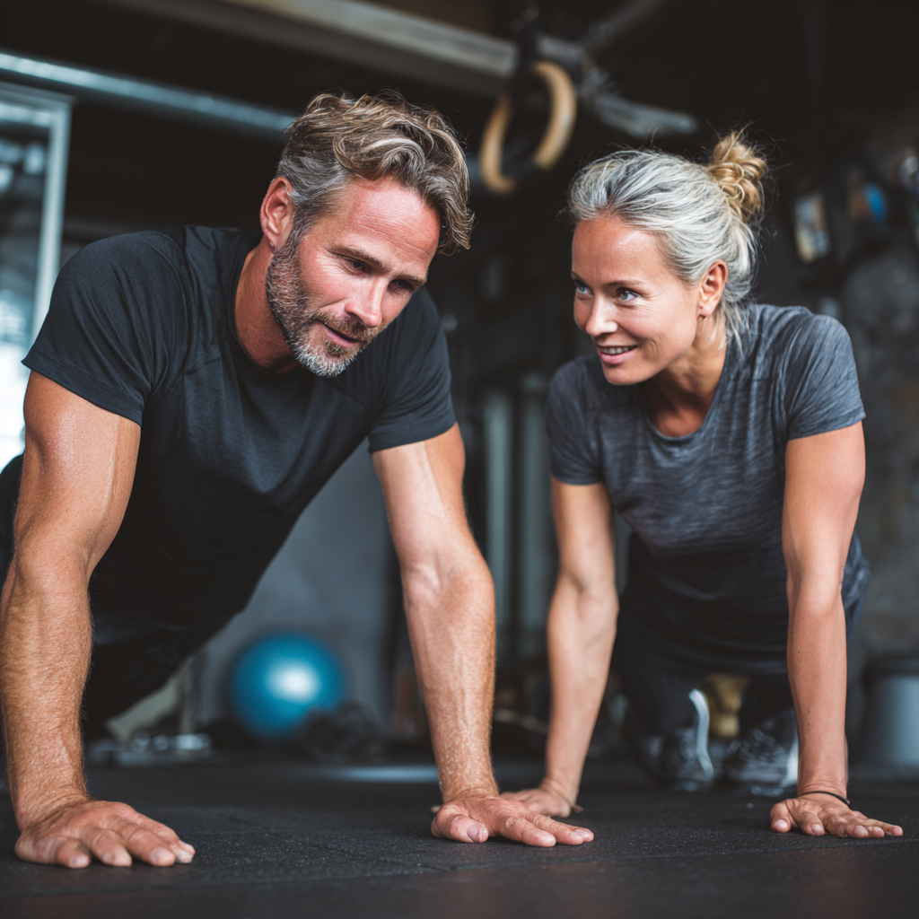 professional fitness trainers and middle-aged clients working together